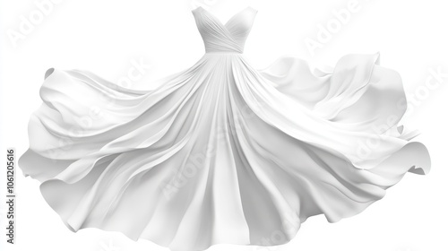 A flowing white dress with elegant draping, ideal for formal occasions.