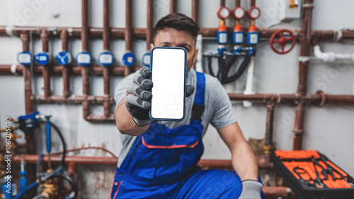 A man in blue overalls holding a cell phone with a white screen. He is in a workshop or a repair shop