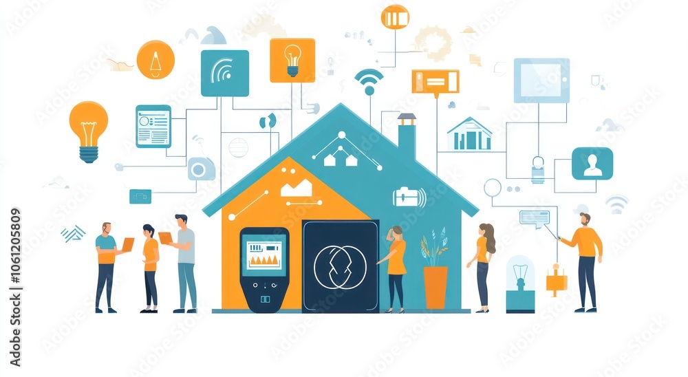 Illustration of a smart home with connected devices and people interacting. Illustration of a smart home with connected devices and people interacting.