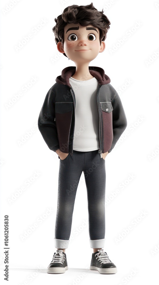 A stylized animated character standing confidently in casual attire. A stylized animated character standing confidently in casual attire.