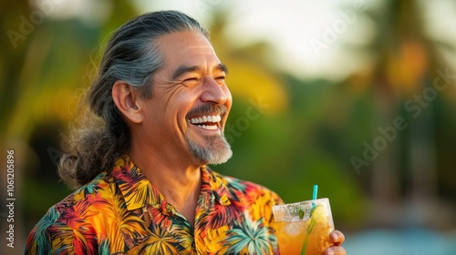 A smiling man enjoying a tropical drink in a vibrant setting.