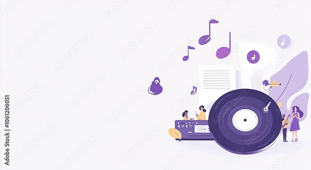 Illustration of music elements featuring a vinyl record and musicians.