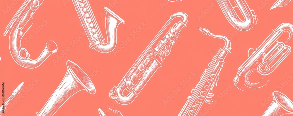 A pattern of various musical instruments on a coral background, emphasizing music themes. A pattern of various musical instruments on a coral background, emphasizing music themes.
