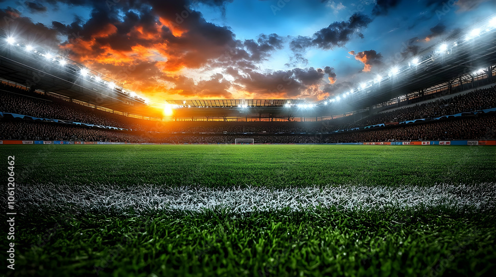 Soccer Stadium with Crowd and Sunset Sky - Realistic Image Soccer Stadium with Crowd and Sunset Sky - Realistic Image