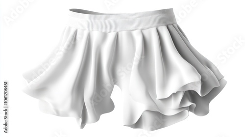 A white ruffled skirt displayed against a plain background, showcasing its flowing design.