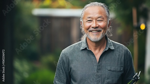 A smiling man stands outdoors, holding gardening tools in a lush, green environment.