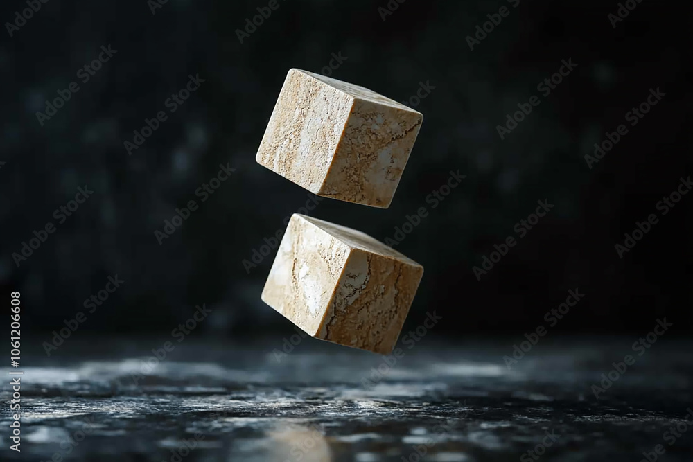 A stacked set of minimalist 3D blocks hovering in space in a dark background with gentle lighting A stacked set of minimalist 3D blocks hovering in space in a dark background with gentle lighting