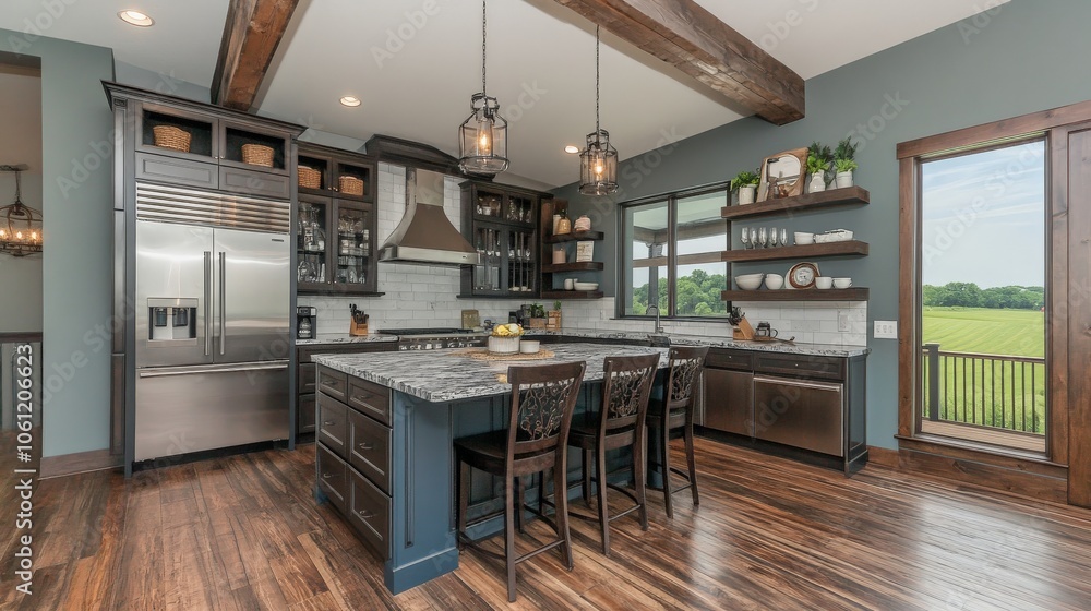 Modern Spacious Kitchen with Island and Open Shelving Modern Spacious Kitchen with Island and Open Shelving