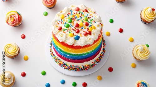 A colorful rainbow cake surrounded by cupcakes and candies for a festive celebration.