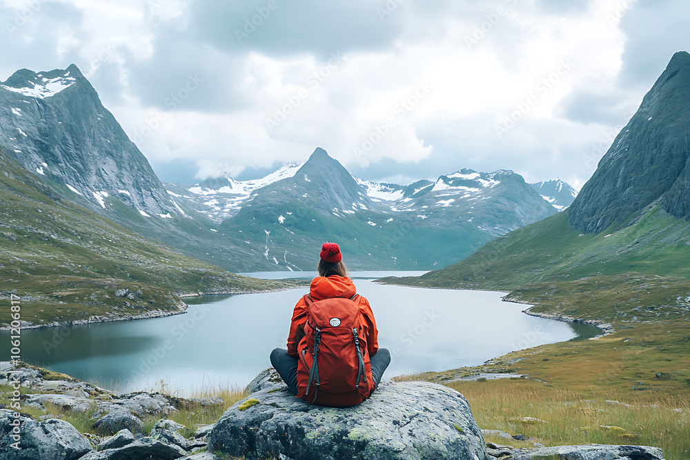 Woman relaxing alone travel in Norway adventure vacations healthy lifestyle backpacking Vesteralen landscape Woman relaxing alone travel in Norway adventure vacations healthy lifestyle backpacking Vesteralen landscape
