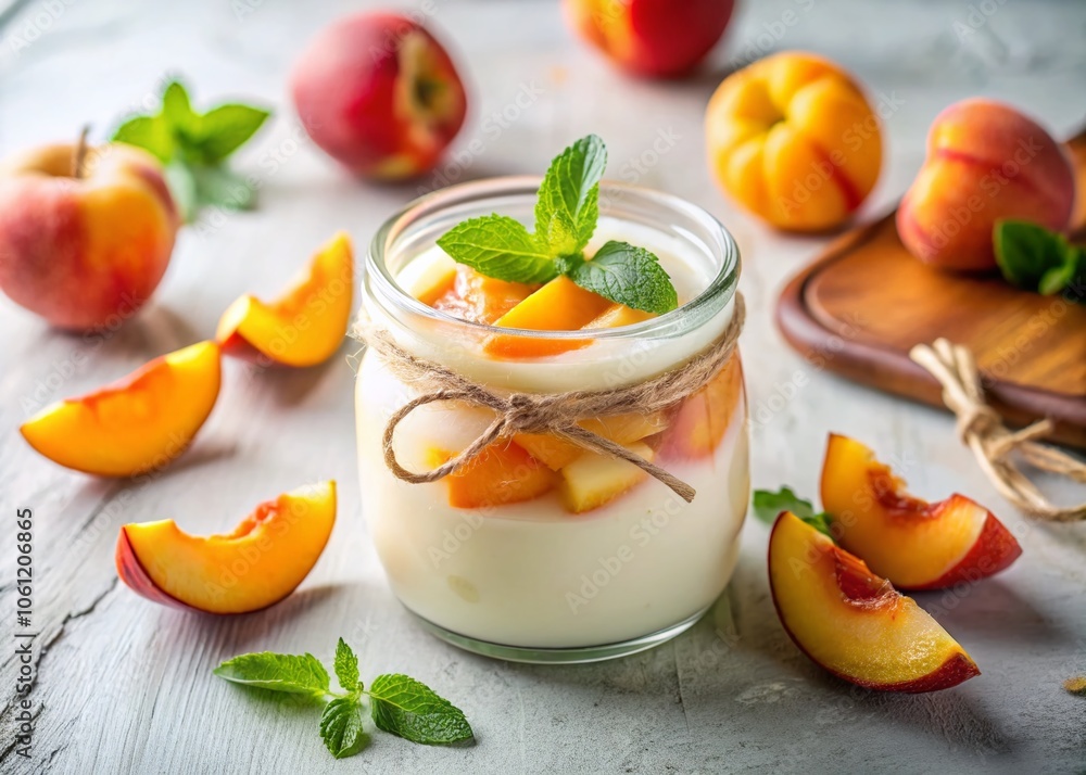 Homemade Yogurt in a Jar with Fresh Peach | Healthy Snack | Delicious Dessert | Summer Treat | Dairy Delight | Natural Ingredients | Food Photography | Isolated on White Background Homemade Yogurt in a Jar with Fresh Peach | Healthy Snack | Delicious Dessert | Summer Treat | Dairy Delight | Natural Ingredients | Food Photography | Isolated on White Background