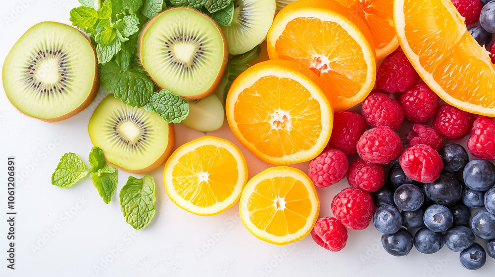 Colorful fruits and mint leaves arranged neatly on a kitchen countertop for making refreshing smoothies Colorful fruits and mint leaves arranged neatly on a kitchen countertop for making refreshing smoothies