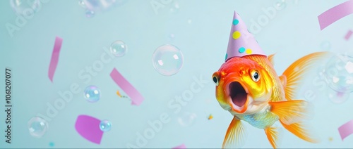 A goldfish wearing a party hat amidst bubbles and confetti, celebrating a festive occasion.