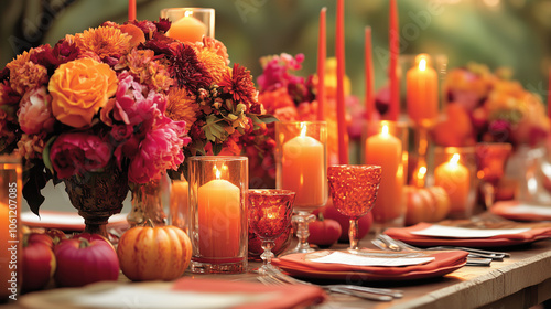 Beautifully decorated outdoor festive table with fall decorations, pumpkins and candles