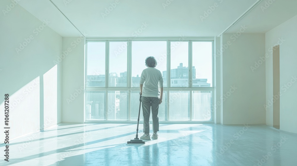 Woman Standing in Empty Apartment with Large Windows Overlooking City Woman Standing in Empty Apartment with Large Windows Overlooking City