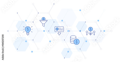 Money Banner Vector Illustration with Icon Style in Between. Line Duotone icon. Containing investment, extract, money, sales funnel, light bulb