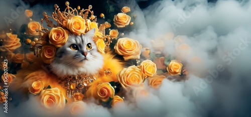 Cute cat in a crown of yellow roses. Copy space.