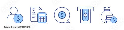 money talk, taking cash, monitor, employee, calculator. icon vector illustration. Line Duotone style. Editable stroke