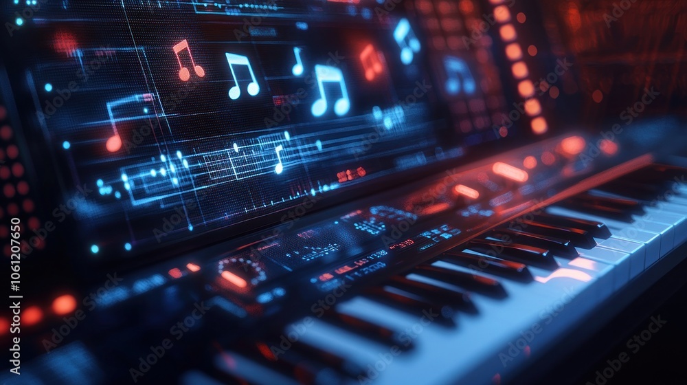 Obraz premium A digital keyboard with floating musical notes, representing music creation and technology.