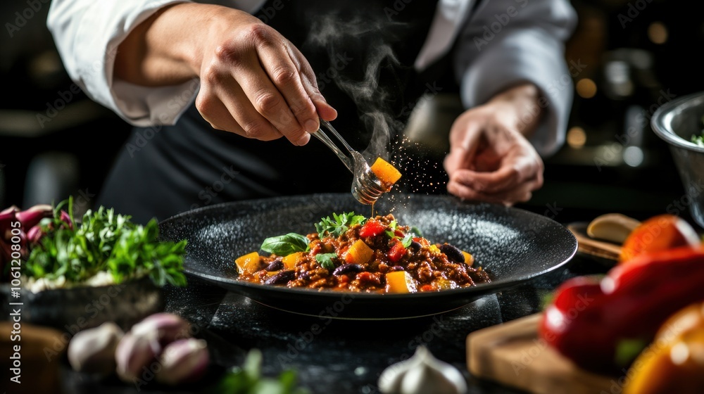 A chef garnishing a colorful dish in a professional kitchen setting. A chef garnishing a colorful dish in a professional kitchen setting.