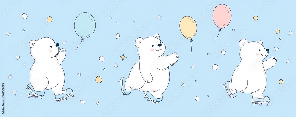 Cute polar bears ice skating with balloons on a pastel background. Cute polar bears ice skating with balloons on a pastel background.
