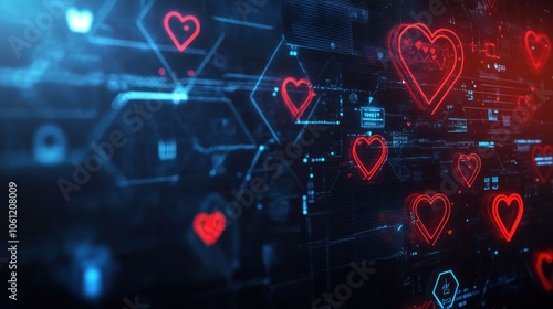 A digital background featuring glowing hearts, symbolizing love and connection in technology.