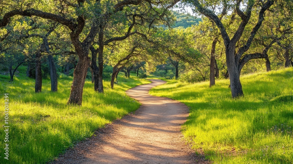 A serene path winding through a sunlit forest with lush greenery. A serene path winding through a sunlit forest with lush greenery.