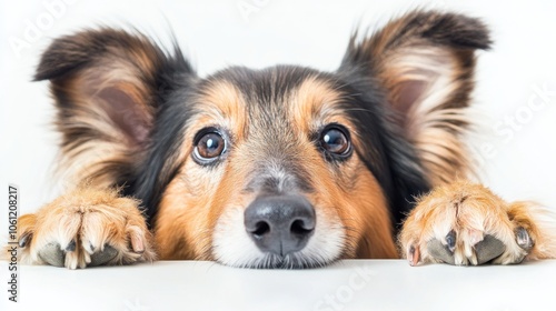 A close-up of a dog resting its head on a surface, looking inquisitive and playful.