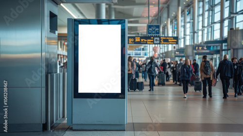 A large white sign is in a busy airport terminal. The sign is empty and stands out against the busy background of people walking around with luggage. Scene is one of anticipation and excitement