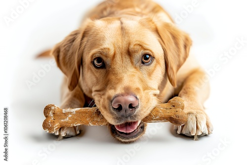 A golden retriever dog lying on a white background and chewing on a bone. photo