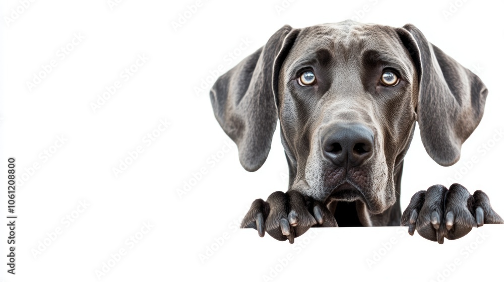 A close-up of a Great Dane with a pleading expression, resting its paws on a surface. A close-up of a Great Dane with a pleading expression, resting its paws on a surface.