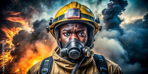 Importance of Safety Equipment in Hazardous Situations - Close-Up of a Young African American Firefighter with Gas Mask and Helmet