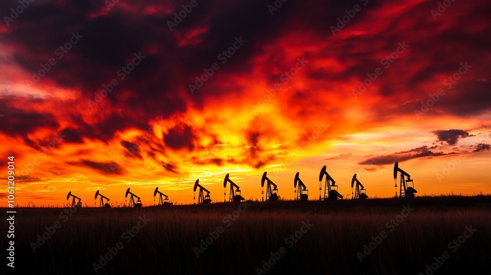 Silhouette of oil pumps against a fiery sunset sky. Silhouette of oil pumps against a fiery sunset sky.