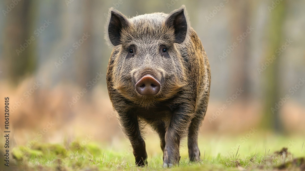 A close-up of a wild boar walking through a forested area. A close-up of a wild boar walking through a forested area.
