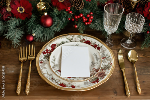 Blank mock up card, place card, menu, guest card on a plate on a festively decorated table with beautiful tableware and gold cutlery photo