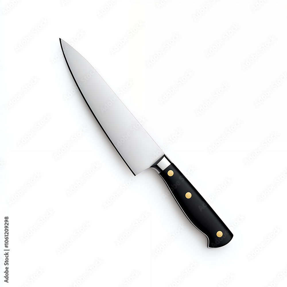 A sharp chef's knife with a black handle and gold rivets. A sharp chef's knife with a black handle and gold rivets.