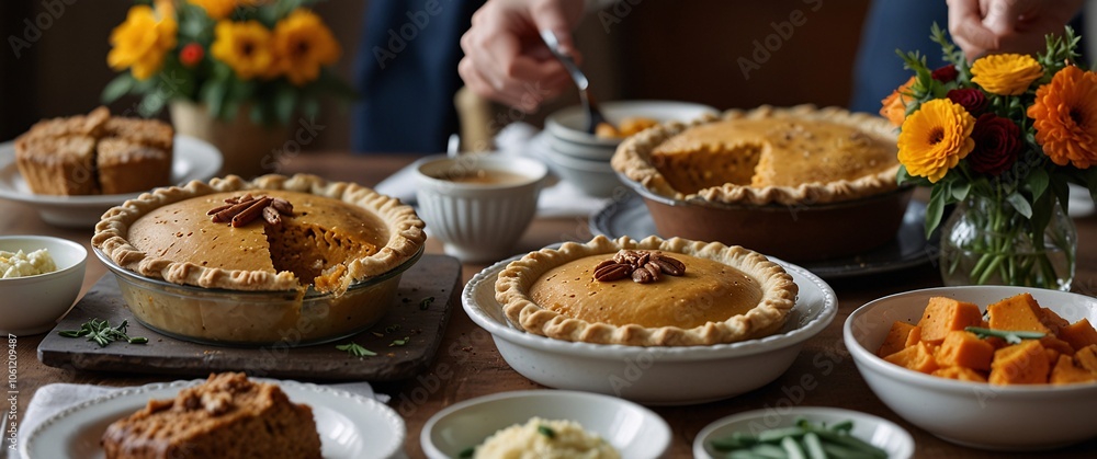 Thanksgiving Feast: A warm and inviting table setting, showcasing a mouthwatering spread of homemade pies, sweet potatoes, and other Thanksgiving favorites. Thanksgiving Feast: A warm and inviting table setting, showcasing a mouthwatering spread of homemade pies, sweet potatoes, and other Thanksgiving favorites.