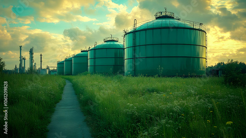 Industrial Landscape with Green Storage Tanks