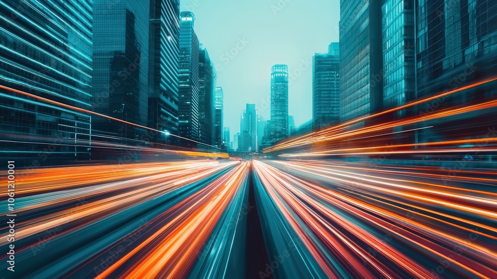 A dynamic cityscape showcasing vibrant light trails of traffic against tall buildings in a blue-tinted atmosphere. A dynamic cityscape showcasing vibrant light trails of traffic against tall buildings in a blue-tinted atmosphere.