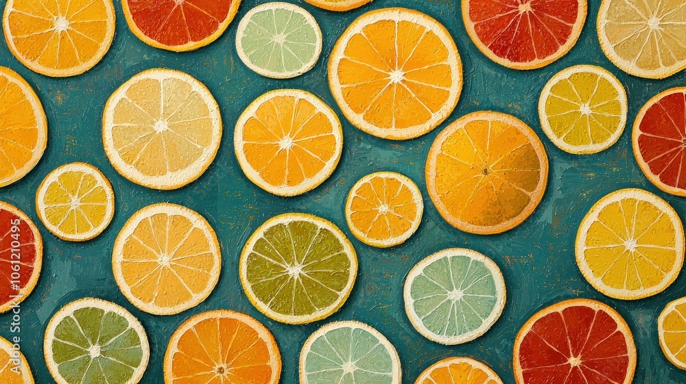 A vibrant assortment of citrus fruit slices arranged artistically on a teal background, showcasing their colorful patterns and textures. A vibrant assortment of citrus fruit slices arranged artistically on a teal background, showcasing their colorful patterns and textures.