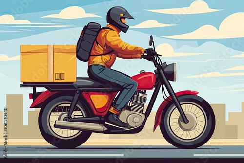 A delivery rider on a motorcycle with a package, riding through an urban landscape.