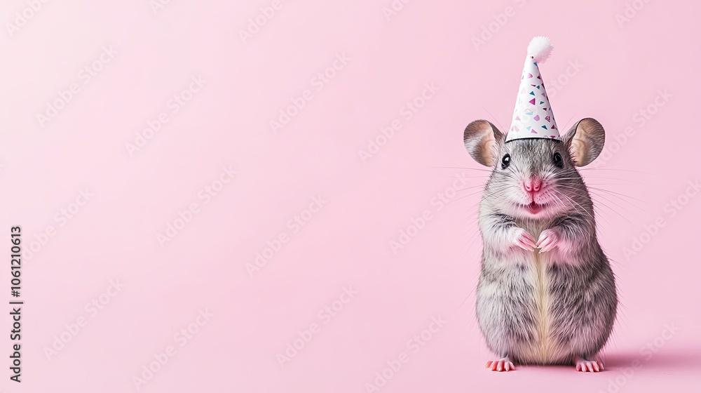 Adorable mouse in a party hat on a pink background, perfect for festive themes and celebrations. Adorable mouse in a party hat on a pink background, perfect for festive themes and celebrations.