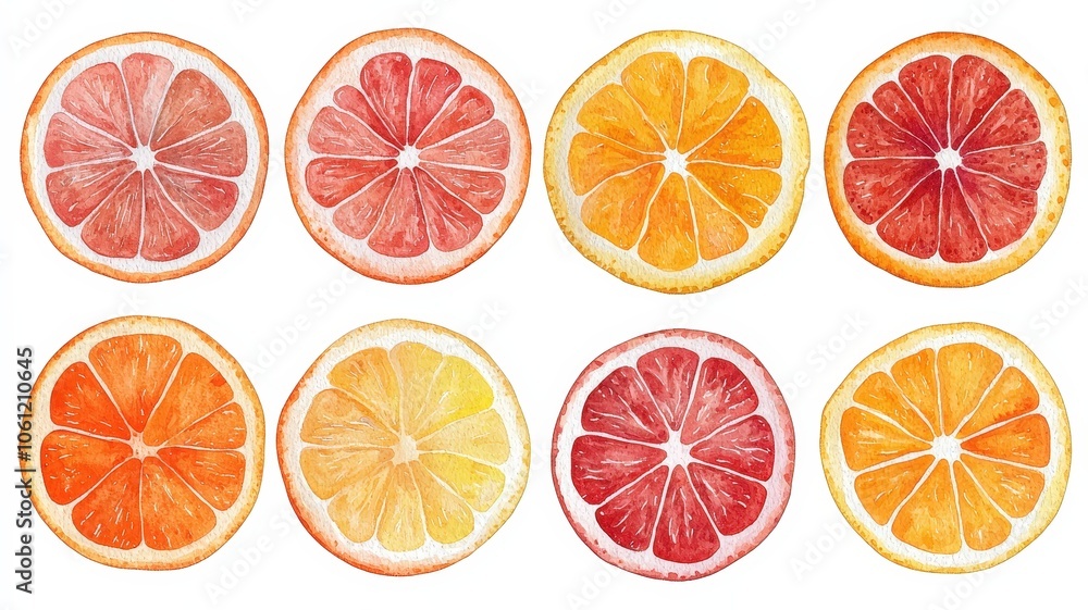 Obraz premium Colorful slices of various citrus fruits arranged in a grid, showcasing vibrant colors and textures, emphasizing freshness and health.