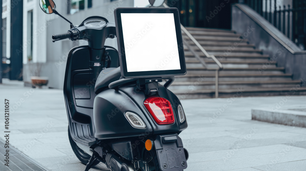 A black scooter with a white box on the back. The box is empty. The scooter is parked on a sidewalk in front of a building A black scooter with a white box on the back. The box is empty. The scooter is parked on a sidewalk in front of a building