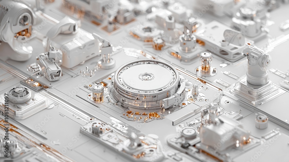 Futuristic circuit board with intricate electronic components on a clean, white background. Futuristic circuit board with intricate electronic components on a clean, white background.