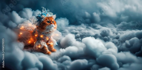 Fairy cat in the clouds with garland. 3d rendering