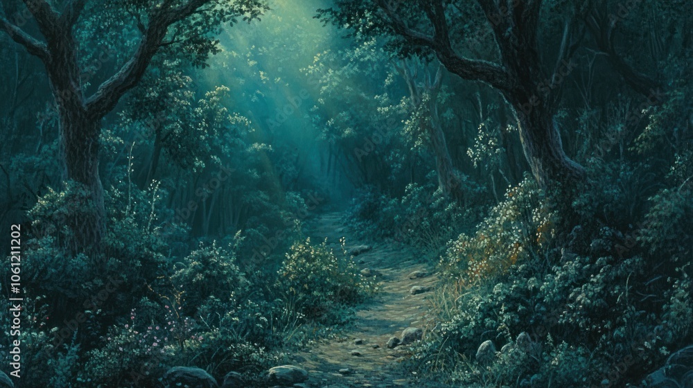 A serene forest path illuminated by soft light, inviting exploration and tranquility. A serene forest path illuminated by soft light, inviting exploration and tranquility.