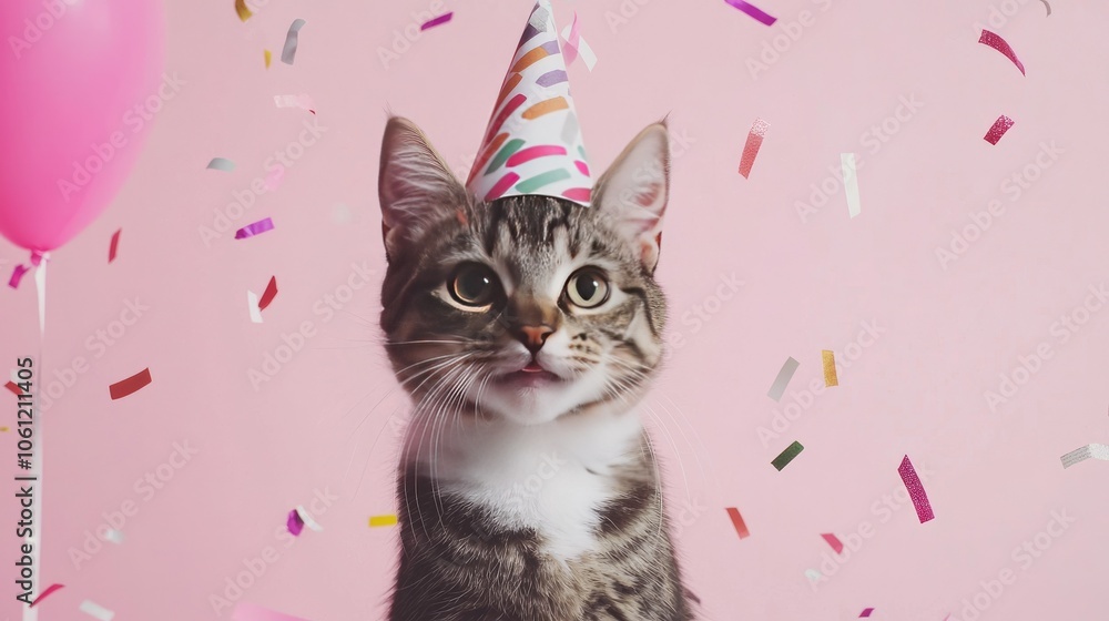 Party cat with a festive hat amidst colorful confetti, celebrating in a cheerful atmosphere. Party cat with a festive hat amidst colorful confetti, celebrating in a cheerful atmosphere.