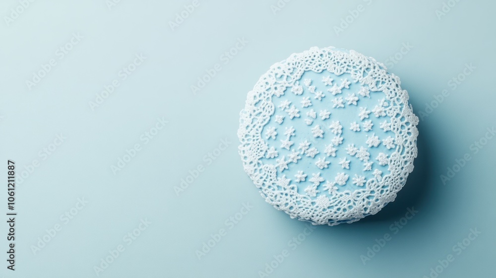A beautifully decorated light blue cake adorned with white lace and floral patterns. A beautifully decorated light blue cake adorned with white lace and floral patterns.