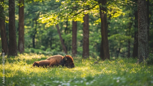 A bison resting peacefully in a sunlit forest clearing surrounded by greenery.